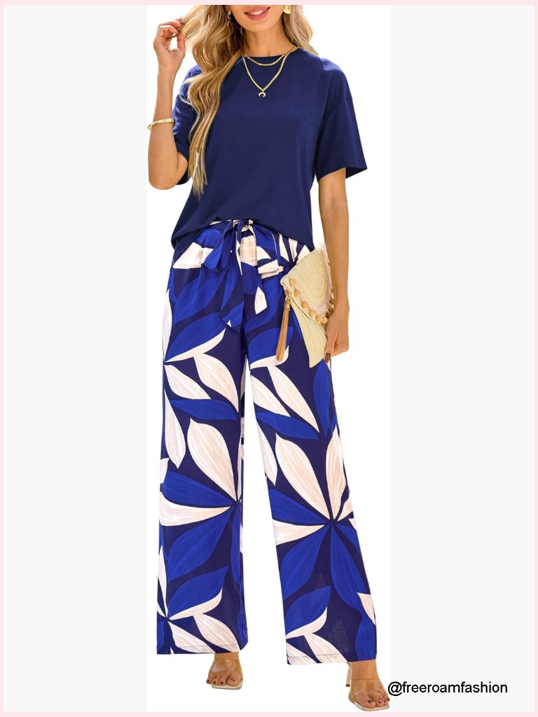 Women's 2 Piece Knit Top & Wide Leg Pant Set With Pockets